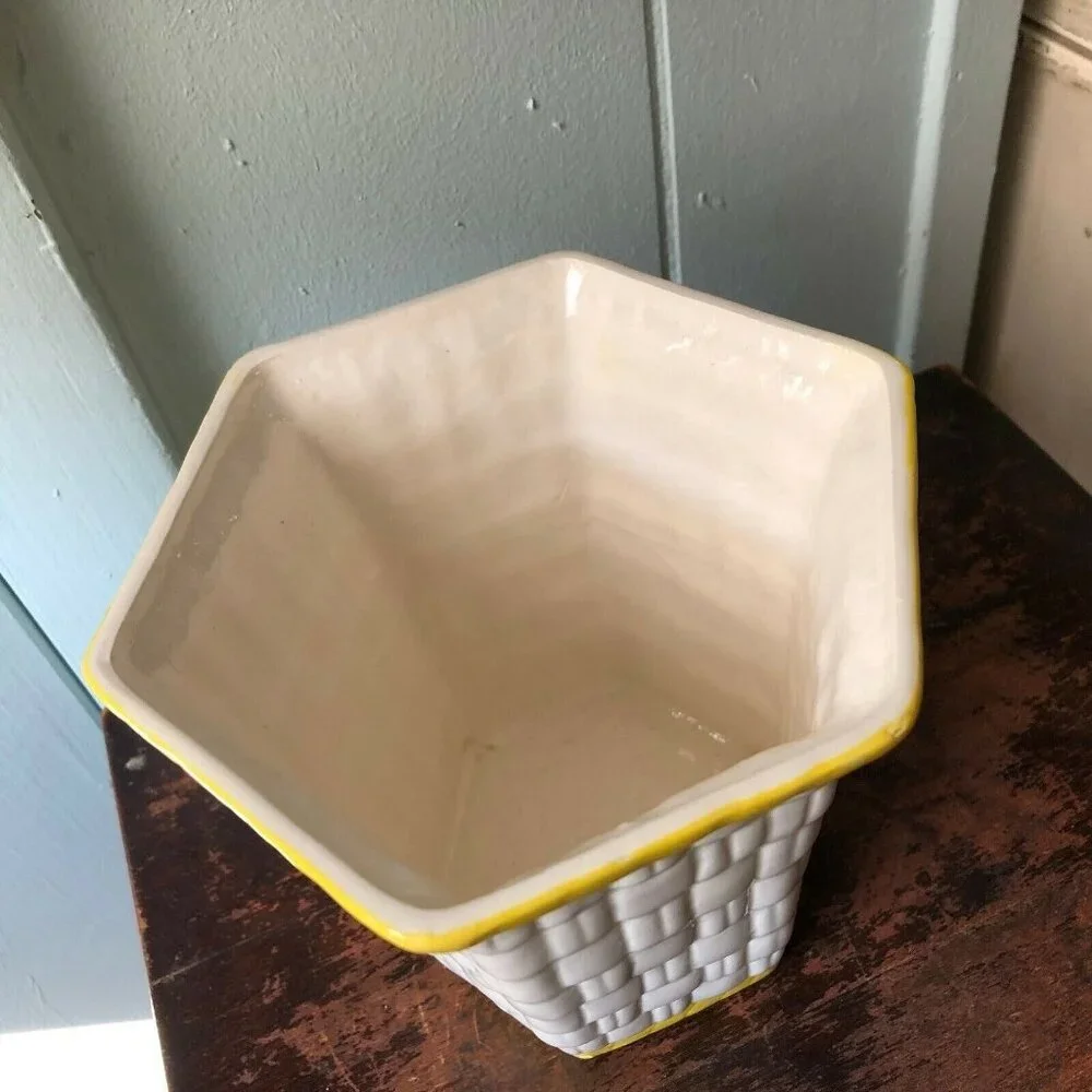 Vintage Planter California Pottery Maurice Ceramics Basketweave White Yellow